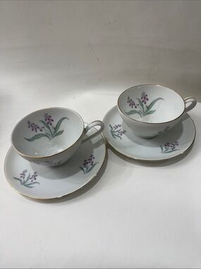 R KPM Krister Germany White Porcelain Teacup Saucer Set F669. 27 Purple Floral